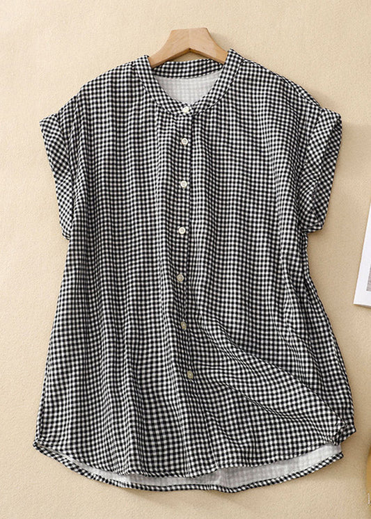 Plus Size Stand Collar Plaid Button Cotton Shirts Summer LY4438 - fabuloryshop