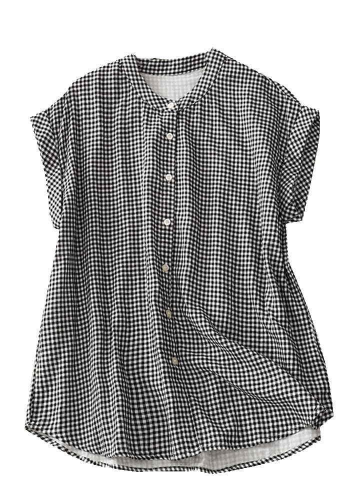 Plus Size Stand Collar Plaid Button Cotton Shirts Summer LY4438 - fabuloryshop