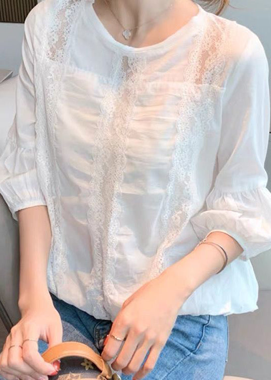 Plus Size White Hollow Out Patchwork Cotton Shirt Lantern Sleeve LY2610