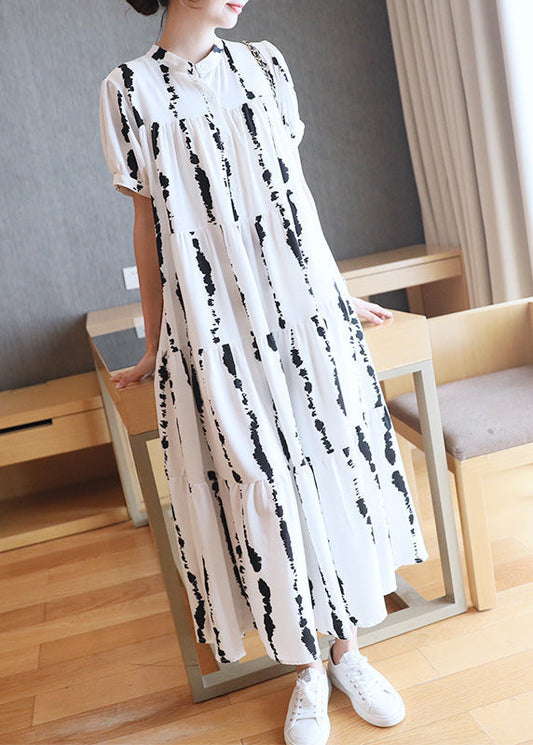 Plus Size White O-Neck Striped Print Wrinkled Button Maxi Dresses Summer Ada Fashion