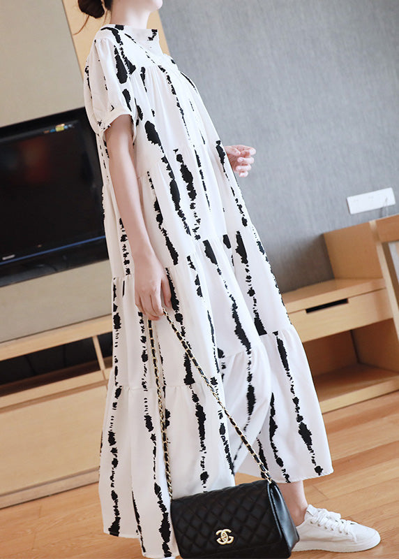 Plus Size White O-Neck Striped Print Wrinkled Button Maxi Dresses Summer Ada Fashion