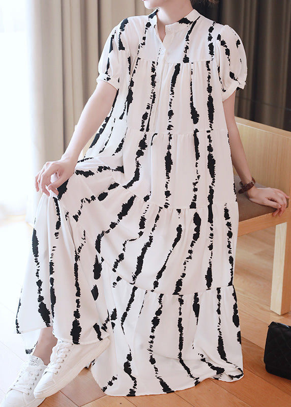 Plus Size White O-Neck Striped Print Wrinkled Button Maxi Dresses Summer Ada Fashion