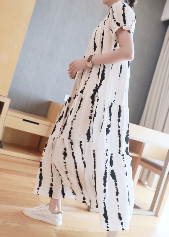 Plus Size White O-Neck Striped Print Wrinkled Button Maxi Dresses Summer Ada Fashion