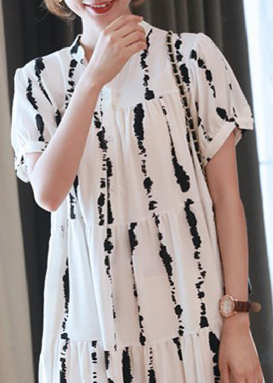 Plus Size White O-Neck Striped Print Wrinkled Button Maxi Dresses Summer Ada Fashion