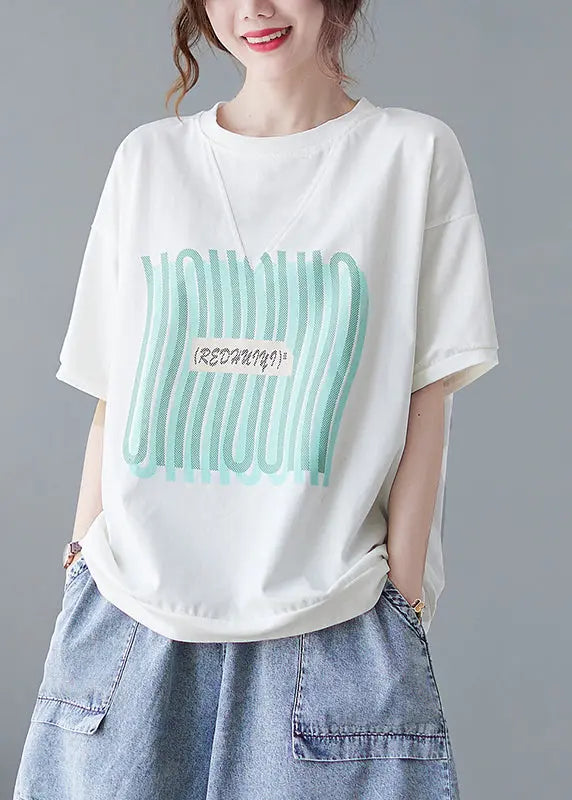 Plus Size White Oversized Print Cotton Tanks Summer Ada Fashion