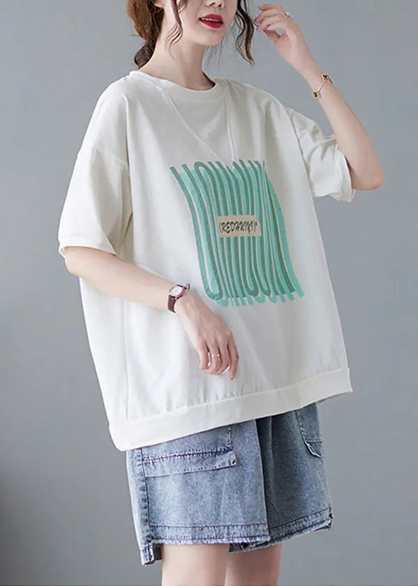 Plus Size White Oversized Print Cotton Tanks Summer Ada Fashion
