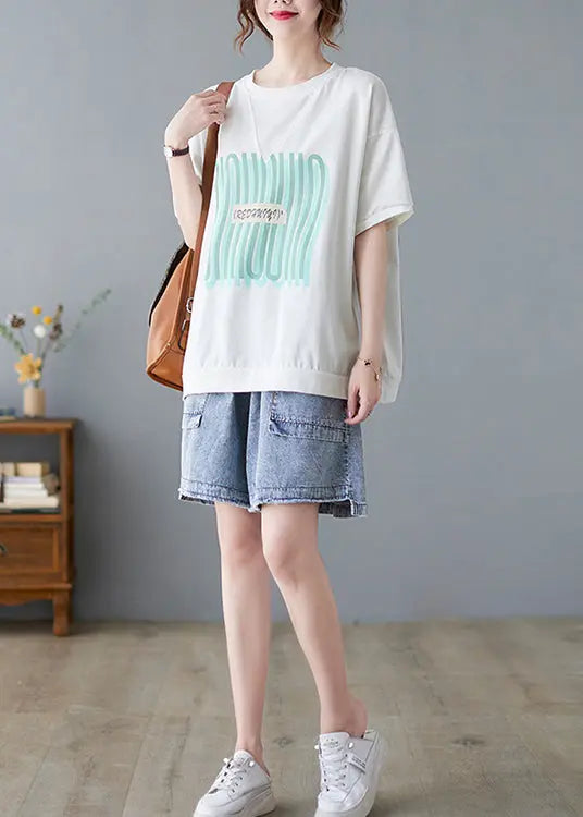 Plus Size White Oversized Print Cotton Tanks Summer Ada Fashion