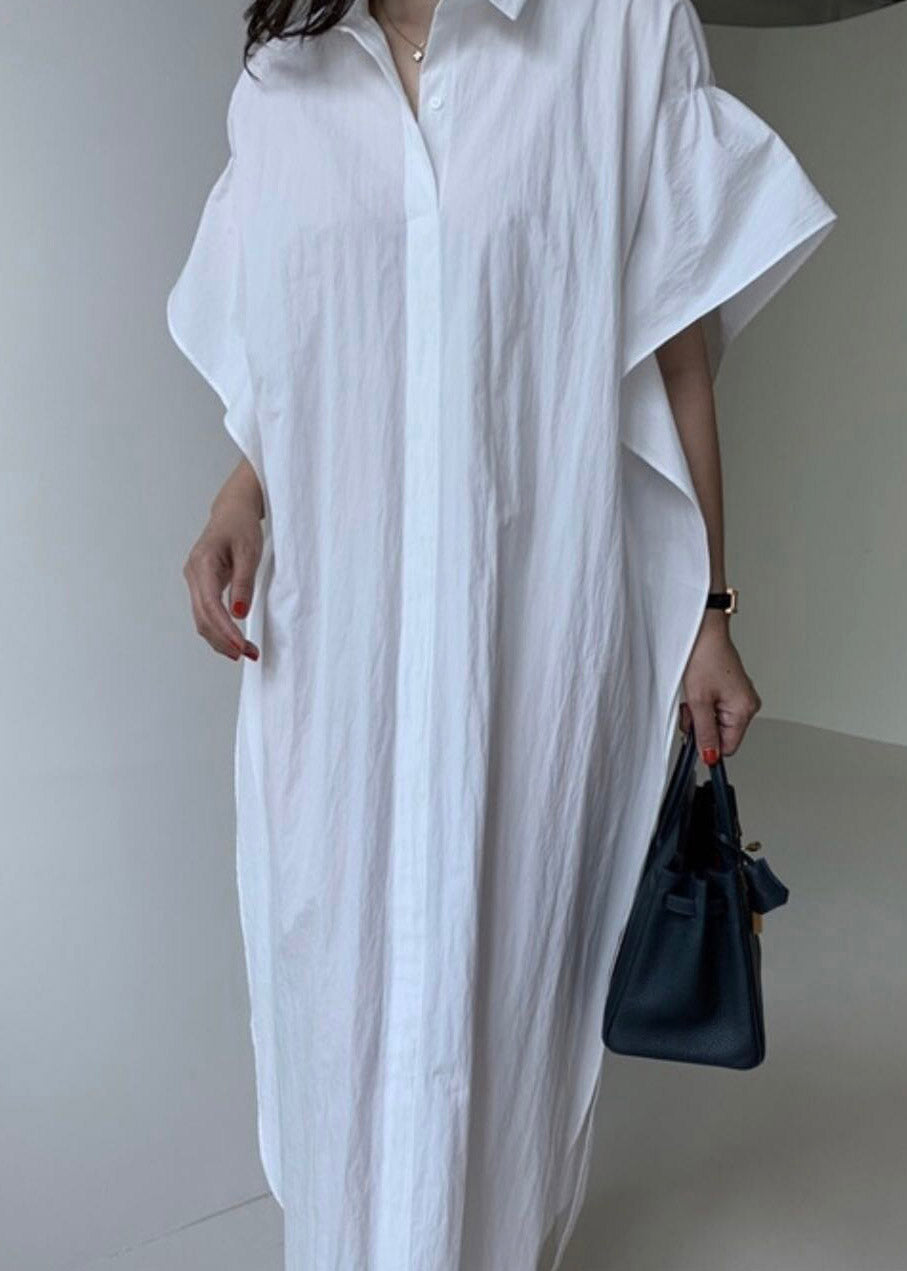 Plus Size White Peter Pan Collar Button Cozy Long Shirt Dress Summer LY2919 - fabuloryshop