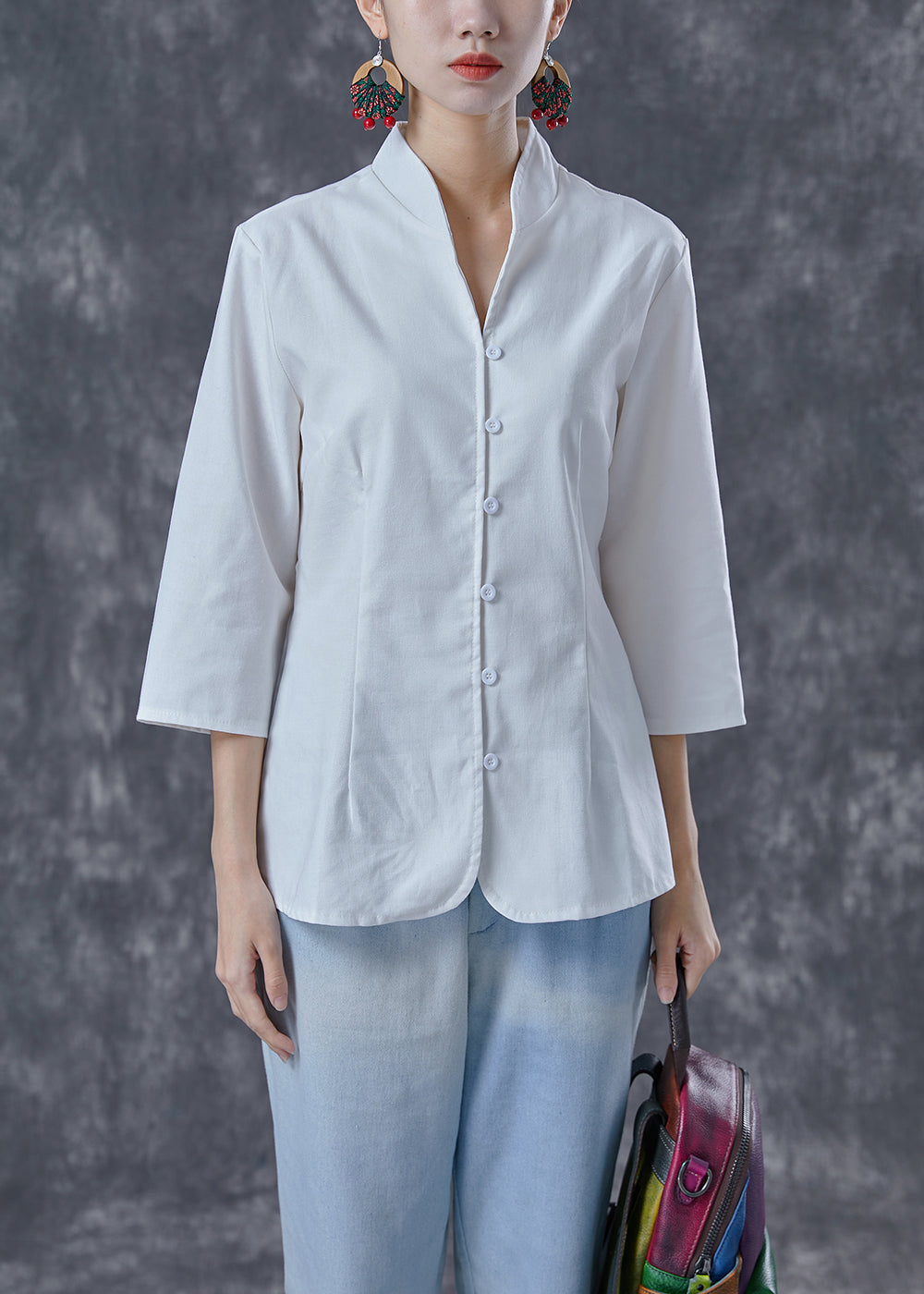 Plus Size White Stand Collar Button Cotton Shirt Tops Bracelet Sleeve LY4060 - fabuloryshop