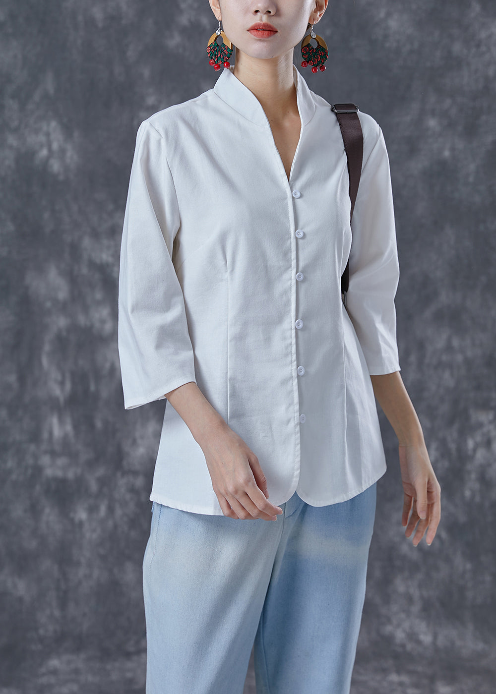 Plus Size White Stand Collar Button Cotton Shirt Tops Bracelet Sleeve LY4060 - fabuloryshop