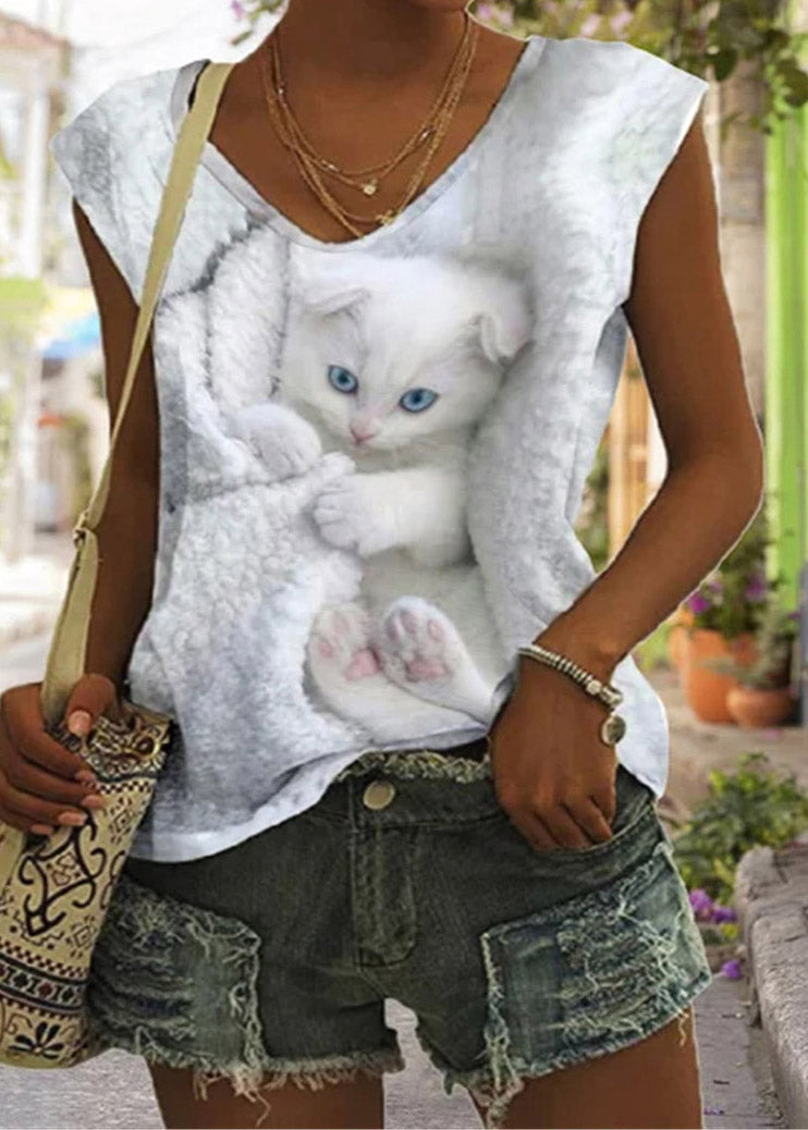 Plus Size White V Neck Little Rabbit Print Vest Summer LY3897 - fabuloryshop