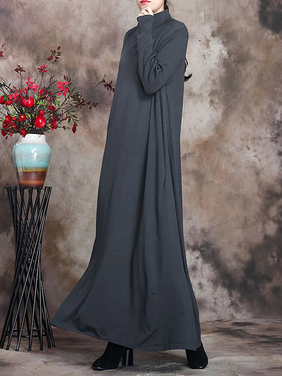 Plus Size Women Artsy Solid Turtleneck Maxi Dress Ada Fashion