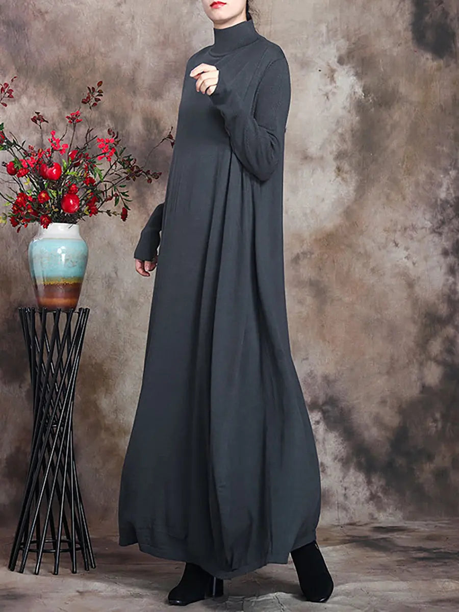 Plus Size Women Artsy Solid Turtleneck Maxi Dress Ada Fashion