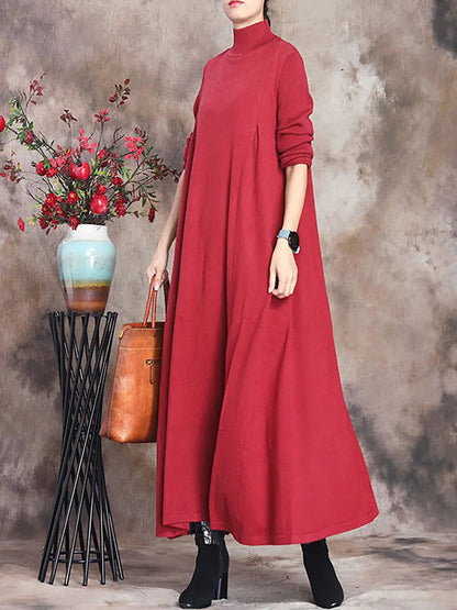 Plus Size Women Artsy Solid Turtleneck Maxi Dress Ada Fashion