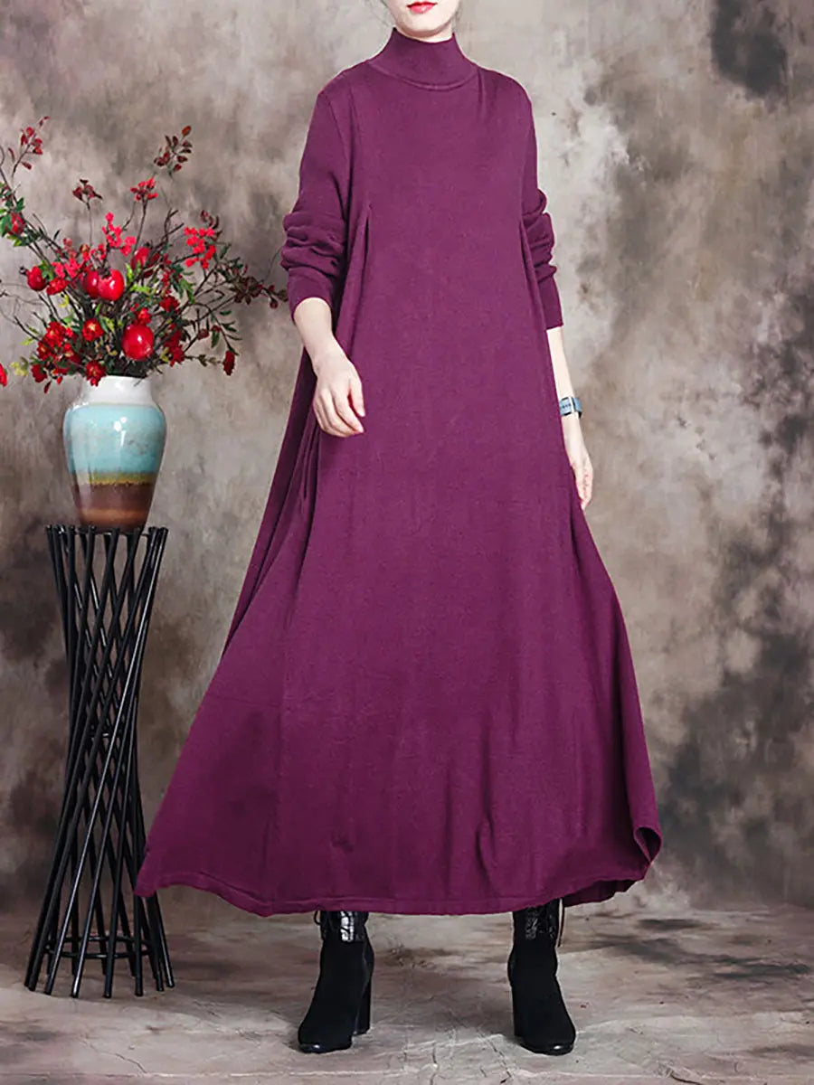 Plus Size Women Artsy Solid Turtleneck Maxi Dress Ada Fashion