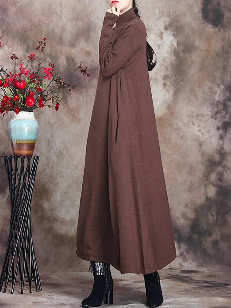 Plus Size Women Artsy Solid Turtleneck Maxi Dress Ada Fashion