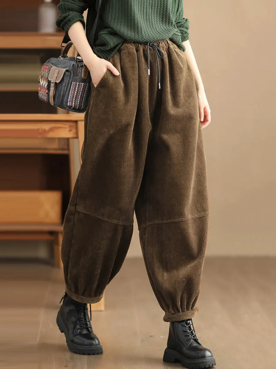 Plus Size Women Casual Solid Loose Fleece-lined Pants Ada Fashion