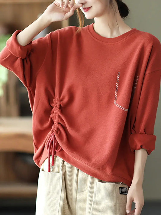 Plus Size Women Casual Stitching Shirred Cotton Shirt Ada Fashion