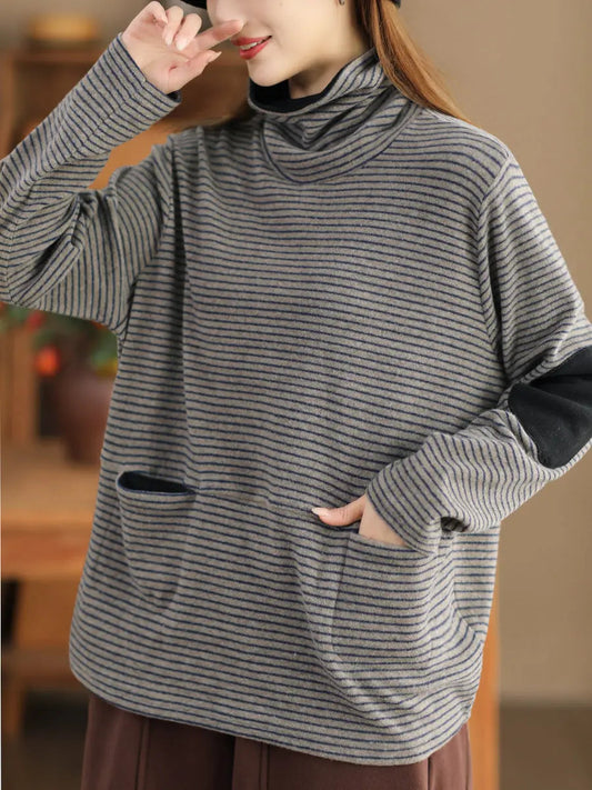 Plus Size Women Casual Stripe Turtleneck Sweatshirt Ada Fashion