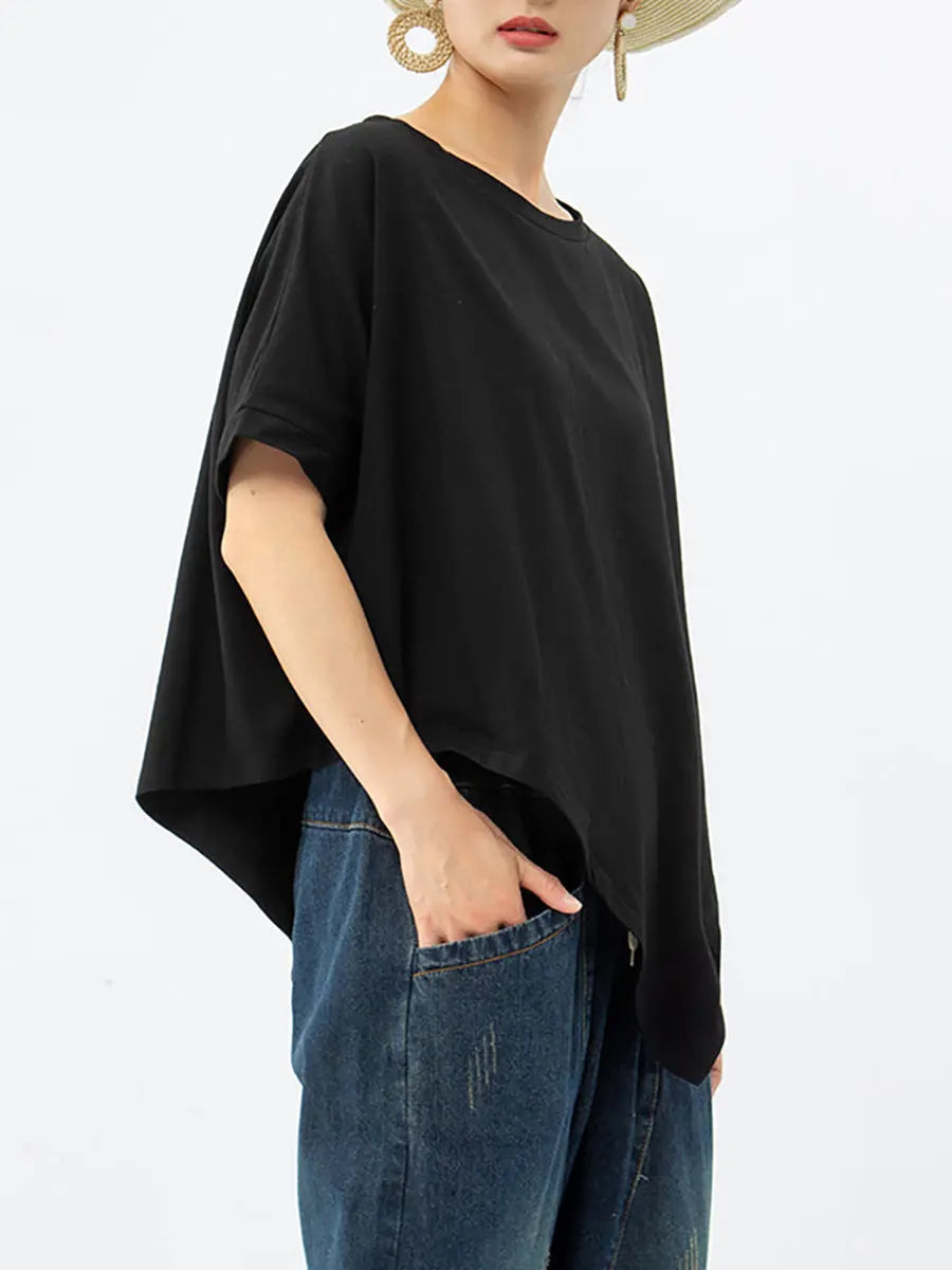 Plus Size - Women Irregular Loose 100% Cotton T-Shirt Ada Fashion