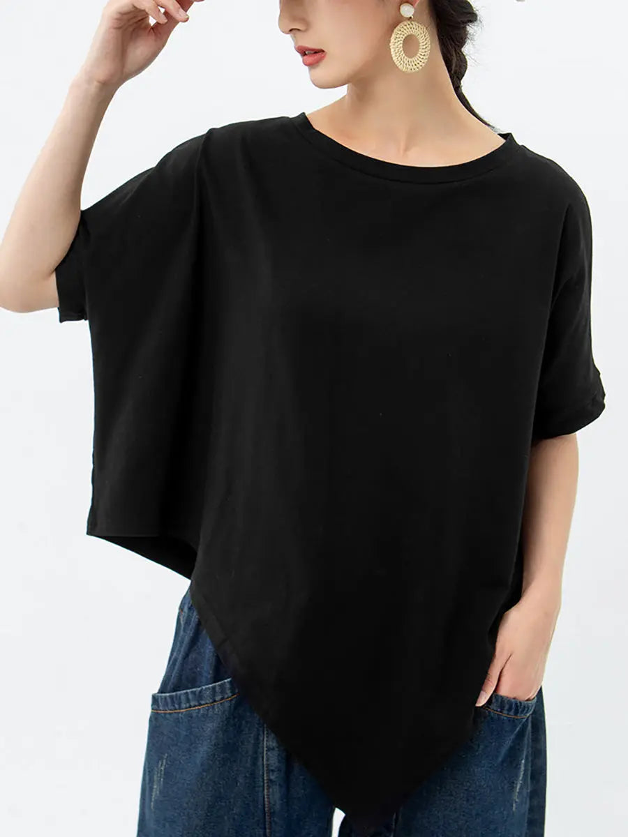 Plus Size - Women Irregular Loose 100% Cotton T-Shirt Ada Fashion
