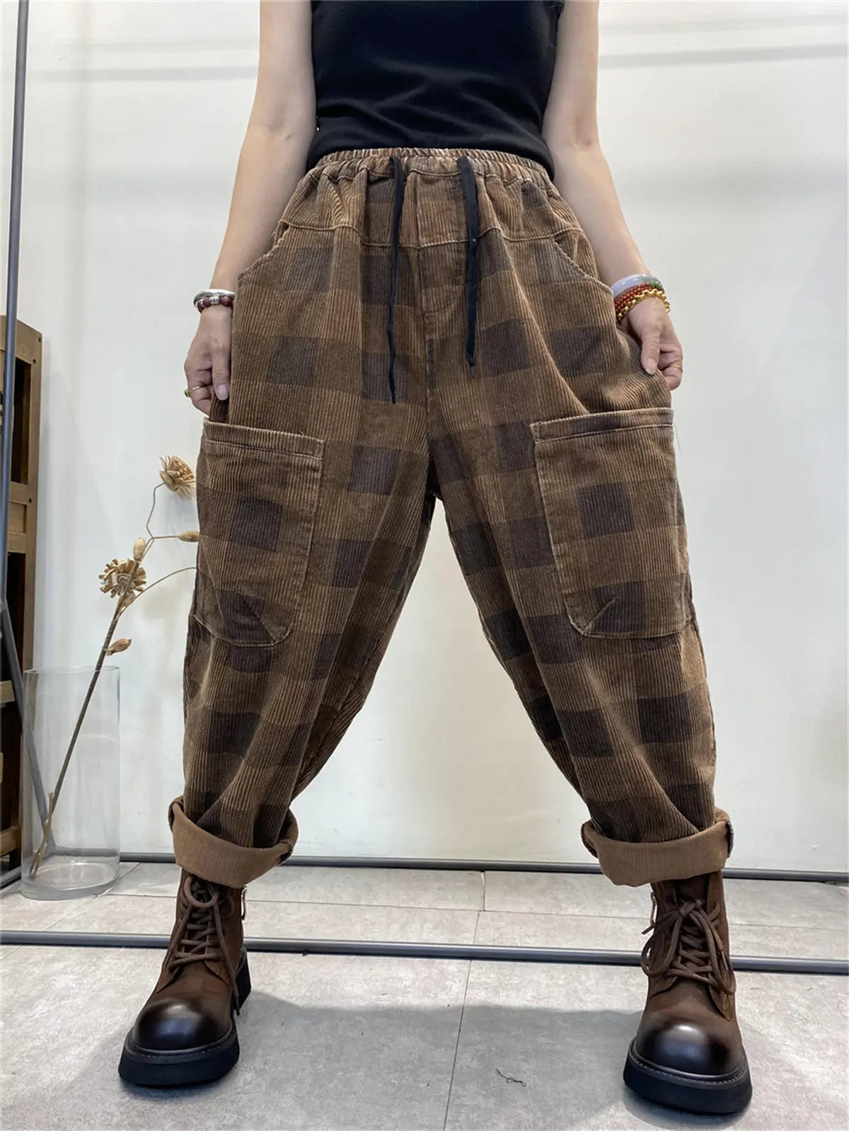 Plus Size Women Retro Plaid Corduroy Loose Harem Pants Ada Fashion