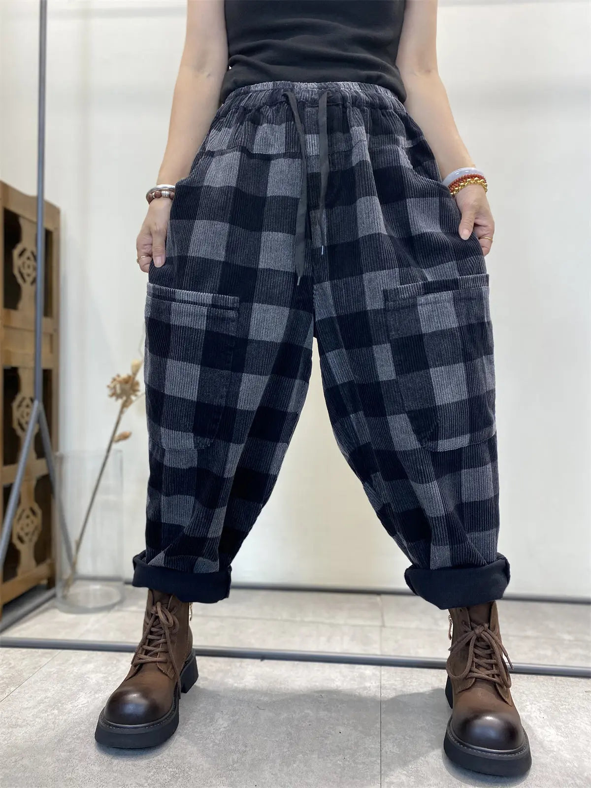 Plus Size Women Retro Plaid Corduroy Loose Harem Pants Ada Fashion