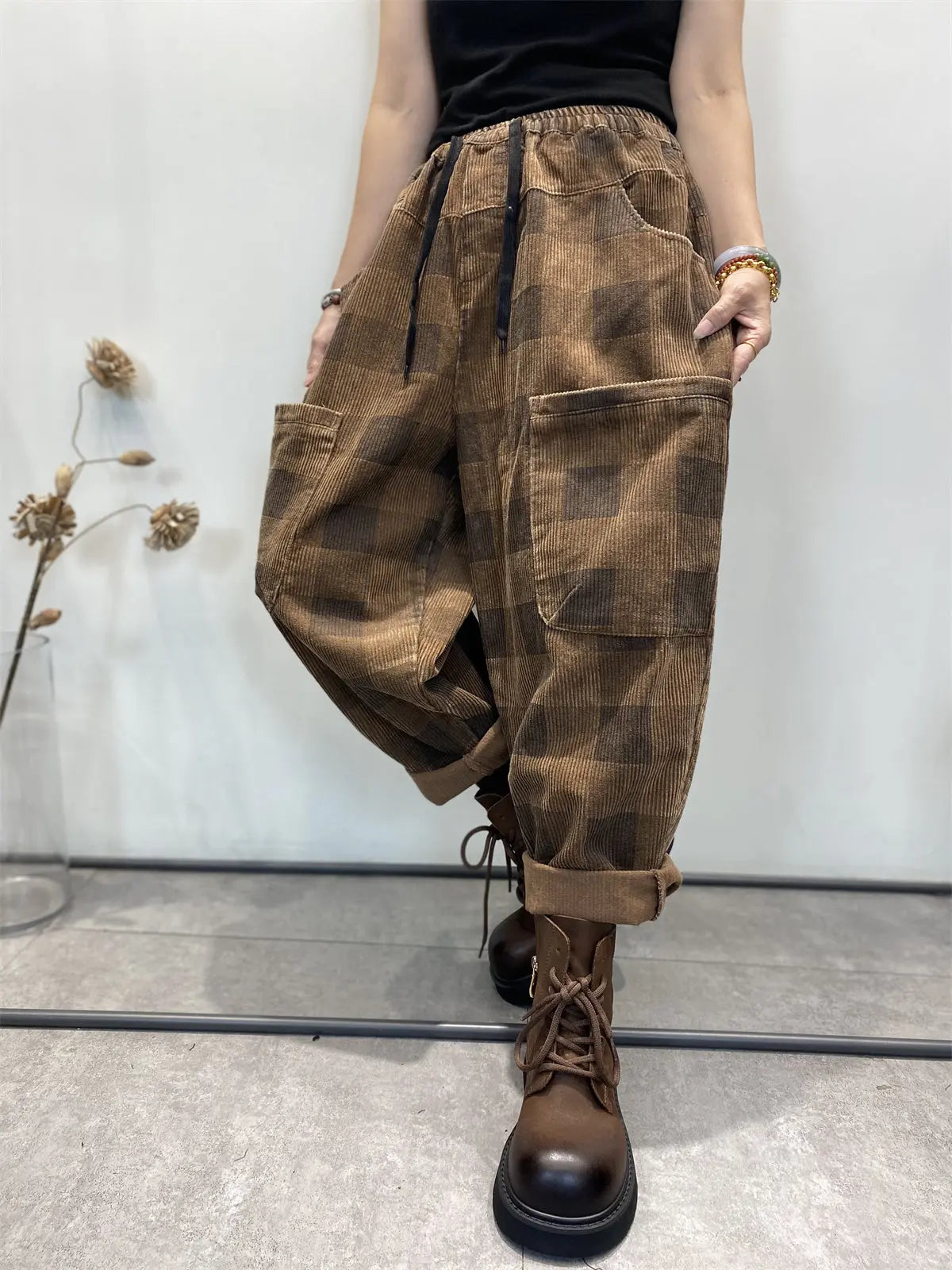 Plus Size Women Retro Plaid Corduroy Loose Harem Pants Ada Fashion