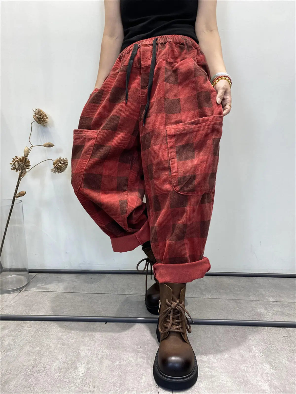 Plus Size Women Retro Plaid Corduroy Loose Harem Pants Ada Fashion