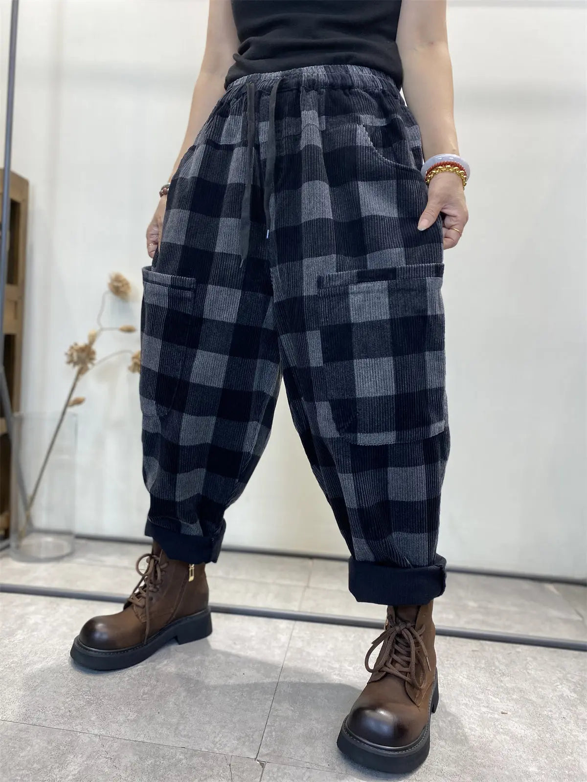 Plus Size Women Retro Plaid Corduroy Loose Harem Pants Ada Fashion