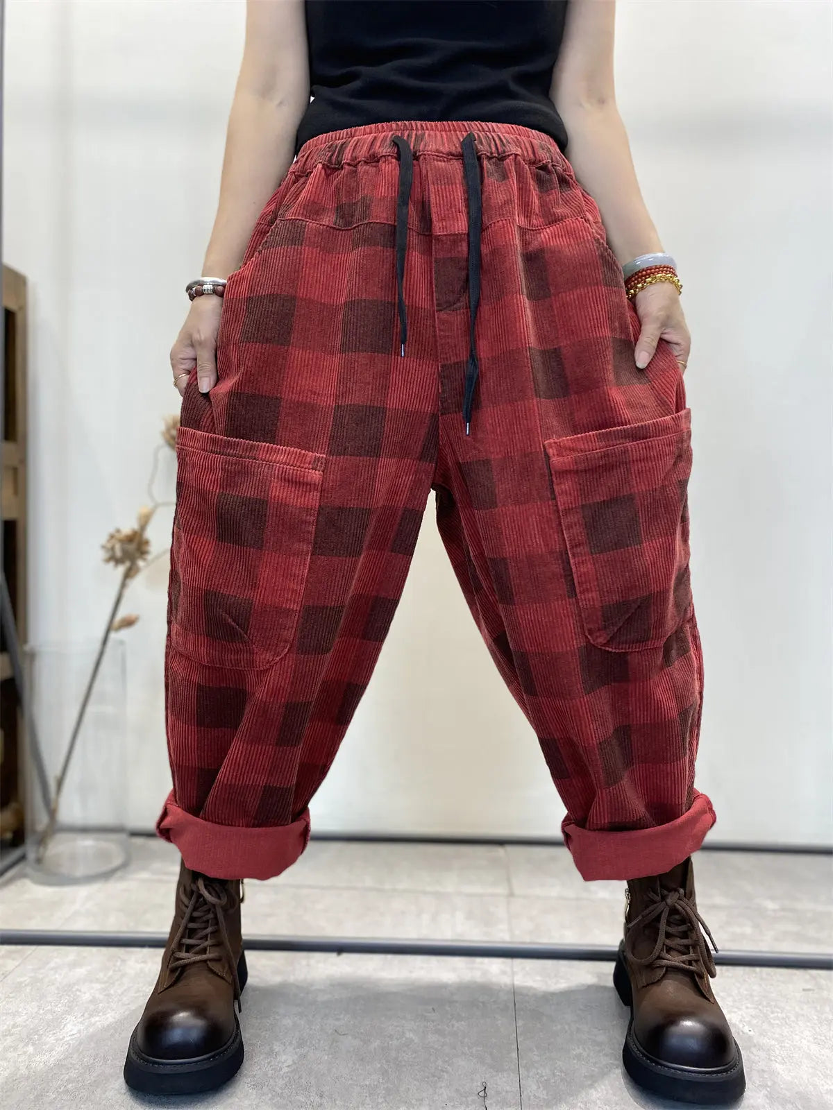 Plus Size Women Retro Plaid Corduroy Loose Harem Pants Ada Fashion