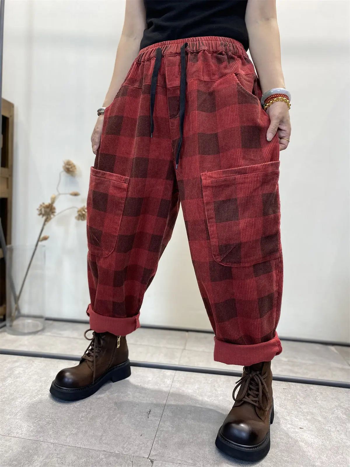 Plus Size Women Retro Plaid Corduroy Loose Harem Pants Ada Fashion