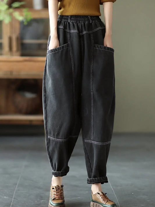 Plus Size Women Retro Spliced Denim Fleece-lined Pants Ada Fashion