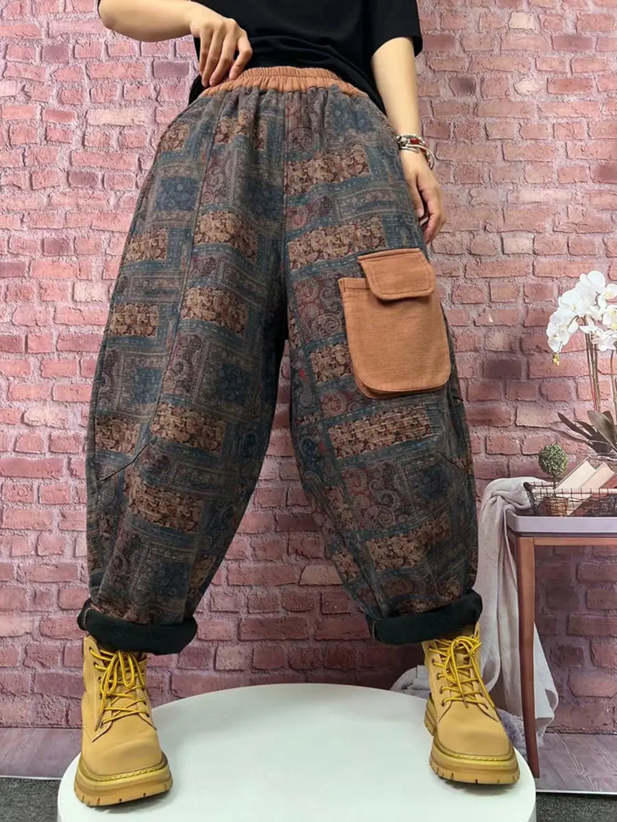Plus Size Women Vintage Plaid Spliced Fleece-lined Harem Pants Ada Fashion