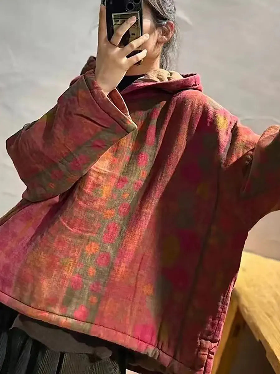 Plus Size Women Vintage Winter Spliced Hooded Padded Coat Ada Fashion