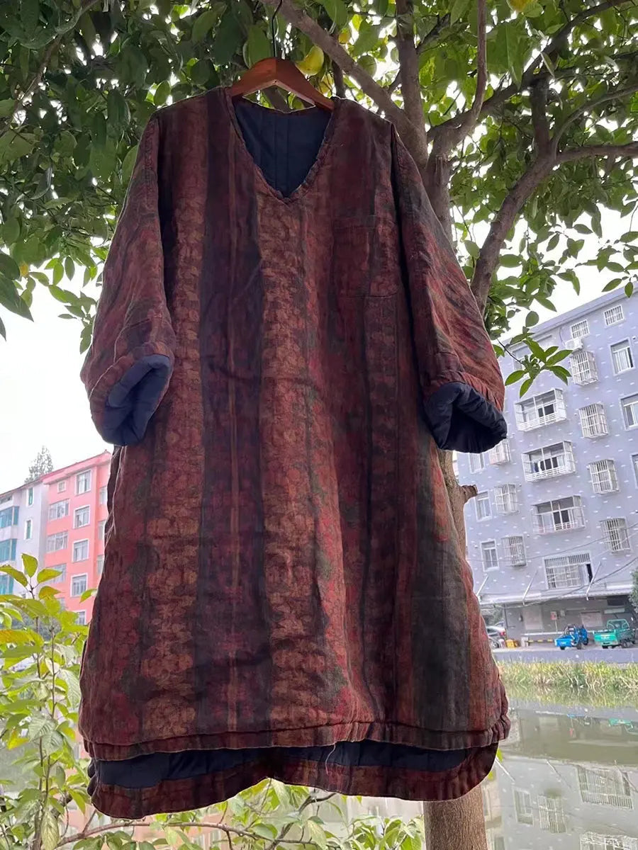 Plus Size Women Vitage Flower V-Neck Padded Long Coat Ada Fashion