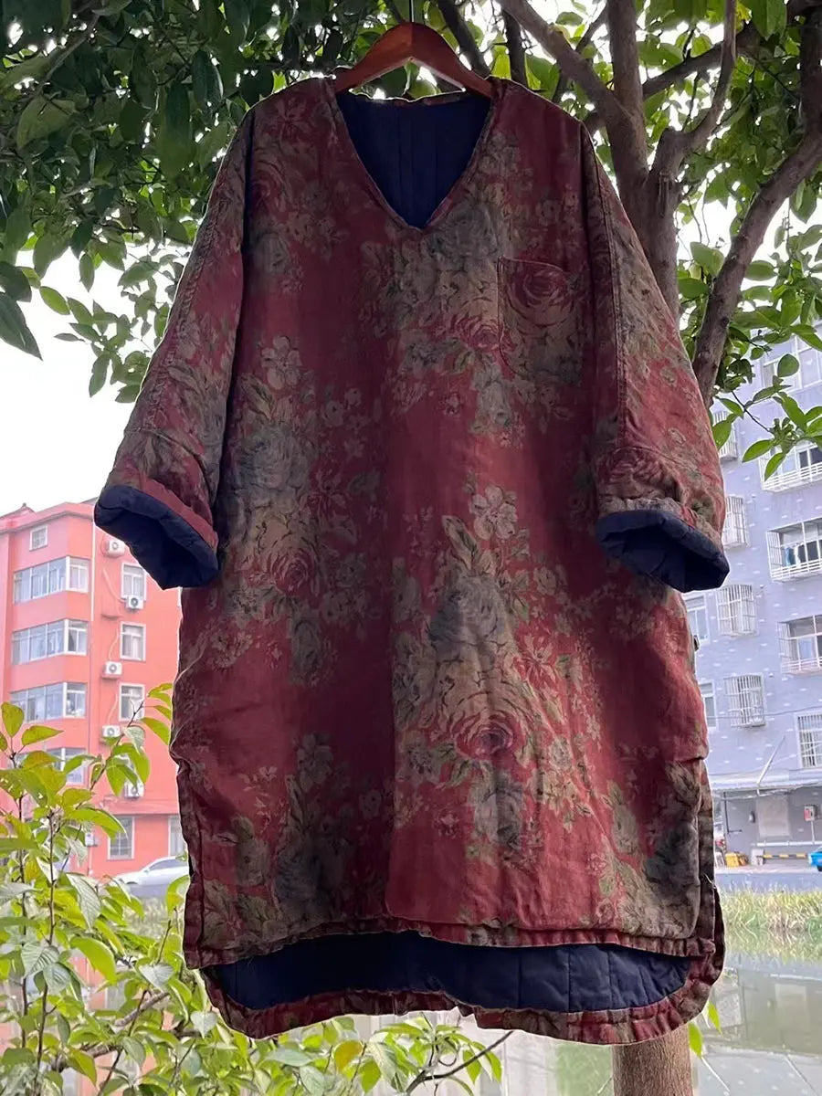 Plus Size Women Vitage Flower V-Neck Padded Long Coat Ada Fashion