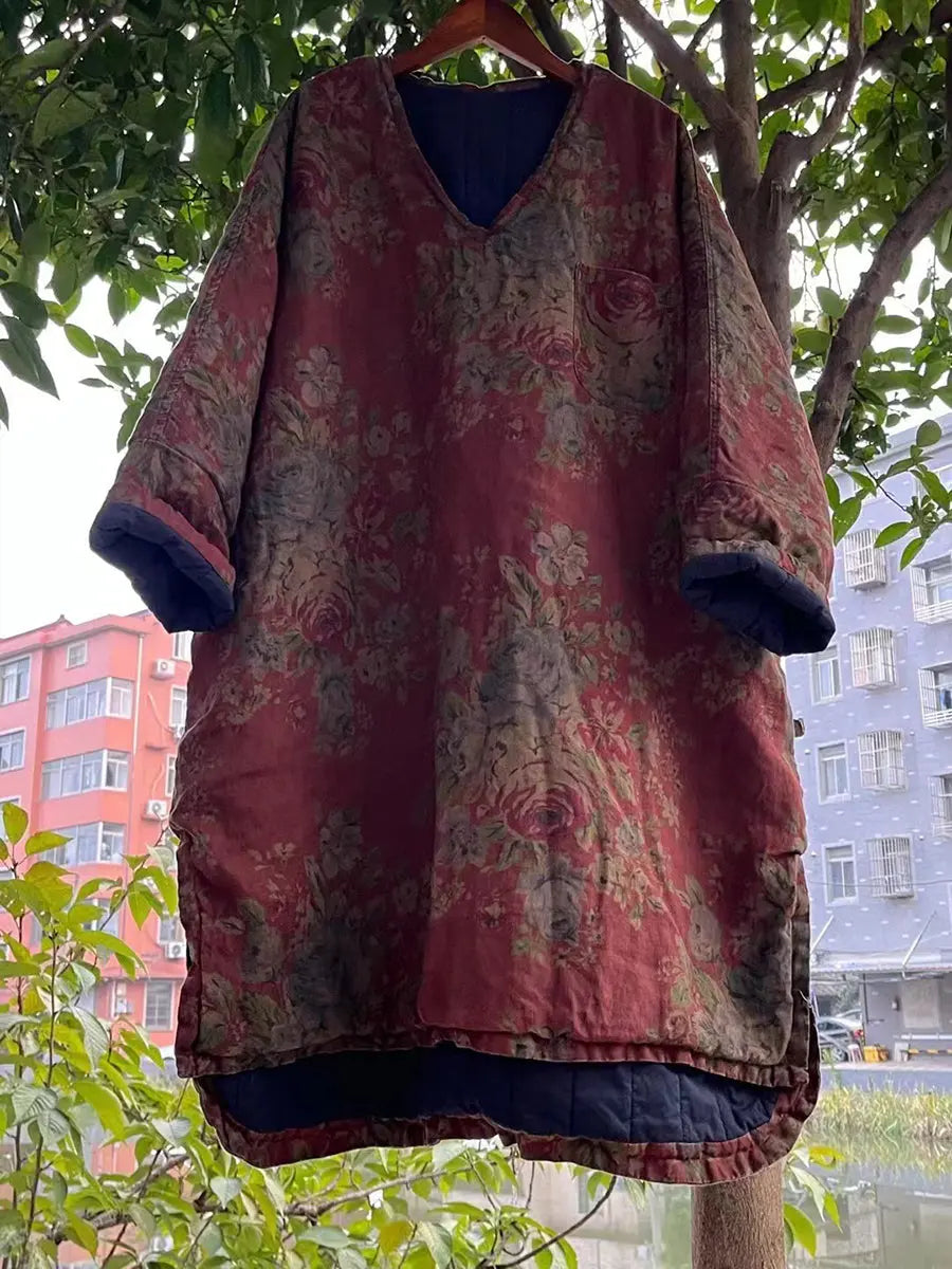 Plus Size Women Vitage Flower V-Neck Padded Long Coat Ada Fashion