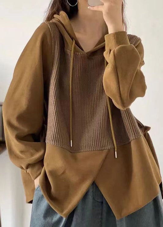 Plus Size Yellow Asymmetrical Patchwork Cotton Hooded Top Fall Ada Fashion