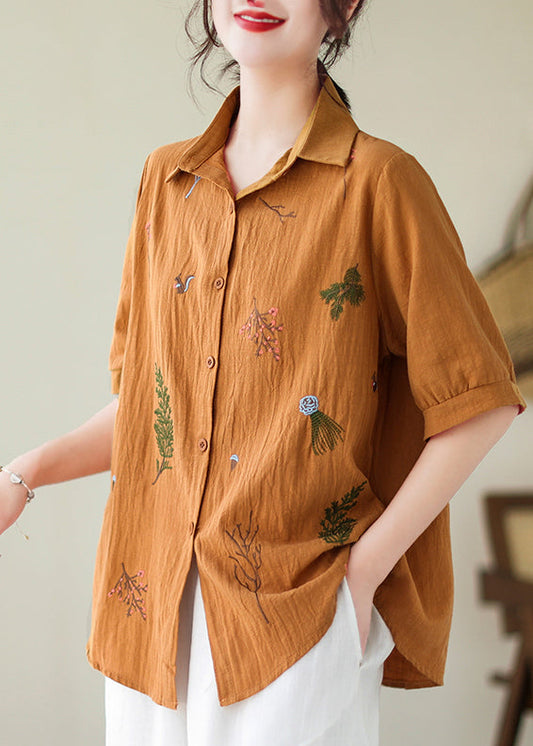 Plus Size Yellow Embroideried Cotton Blouse Top Summer LY4928 - fabuloryshop