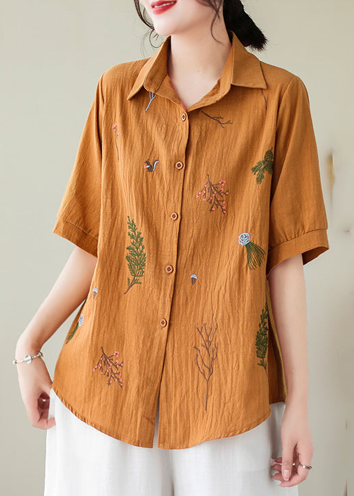 Plus Size Yellow Embroideried Cotton Blouse Top Summer LY4928 - fabuloryshop