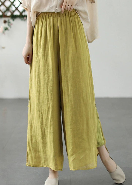 Plus Size Yellow Embroideried Patchwork Linen Wide Leg Pants Summer Ada Fashion