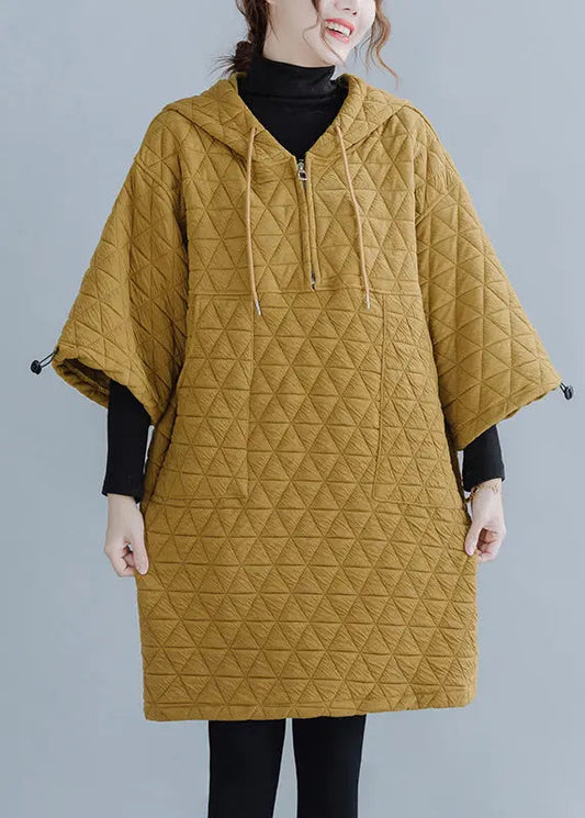 Plus Size Yellow Hooded Drawstring Thick Mid Dress Long Sleeve Ada Fashion