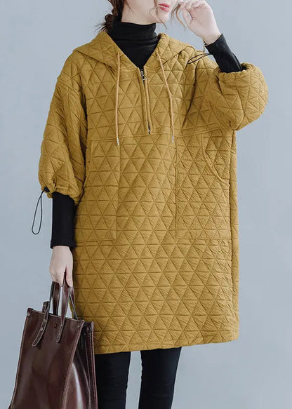 Plus Size Yellow Hooded Drawstring Thick Mid Dress Long Sleeve Ada Fashion