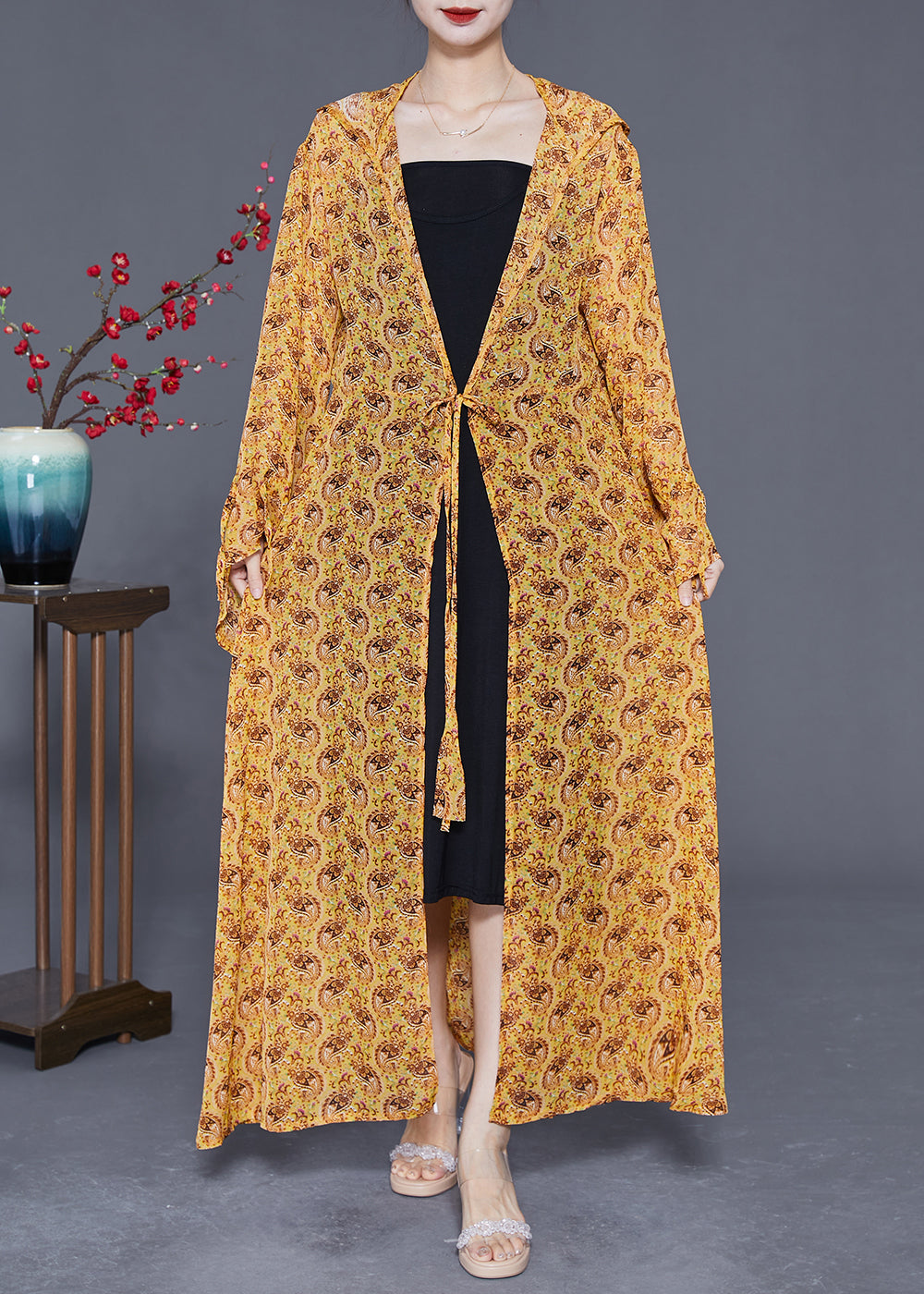Plus Size Yellow Hooded Print Chiffon Long Cardigan Summer LY2402 - fabuloryshop