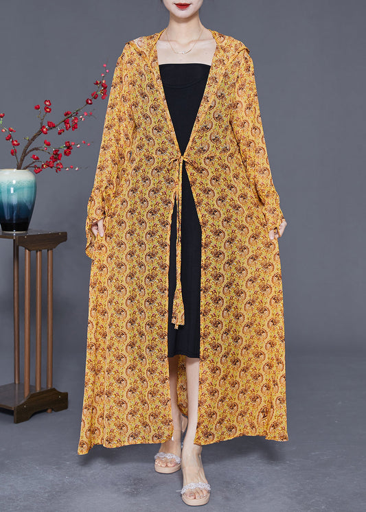 Plus Size Yellow Hooded Print Chiffon Long Cardigan Summer LY2402