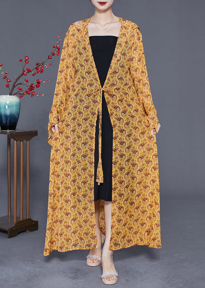 Plus Size Yellow Hooded Print Chiffon Long Cardigan Summer LY2402 - fabuloryshop