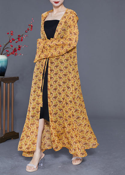 Plus Size Yellow Hooded Print Chiffon Long Cardigan Summer LY2402 - fabuloryshop