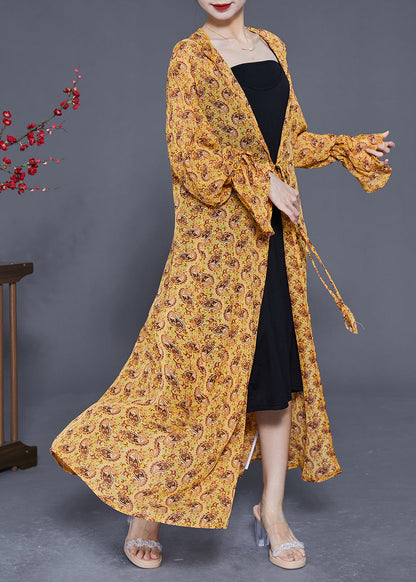 Plus Size Yellow Hooded Print Chiffon Long Cardigan Summer LY2402 - fabuloryshop