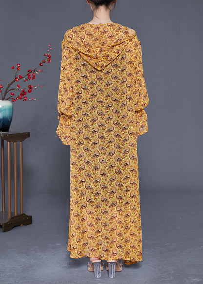 Plus Size Yellow Hooded Print Chiffon Long Cardigan Summer LY2402 - fabuloryshop